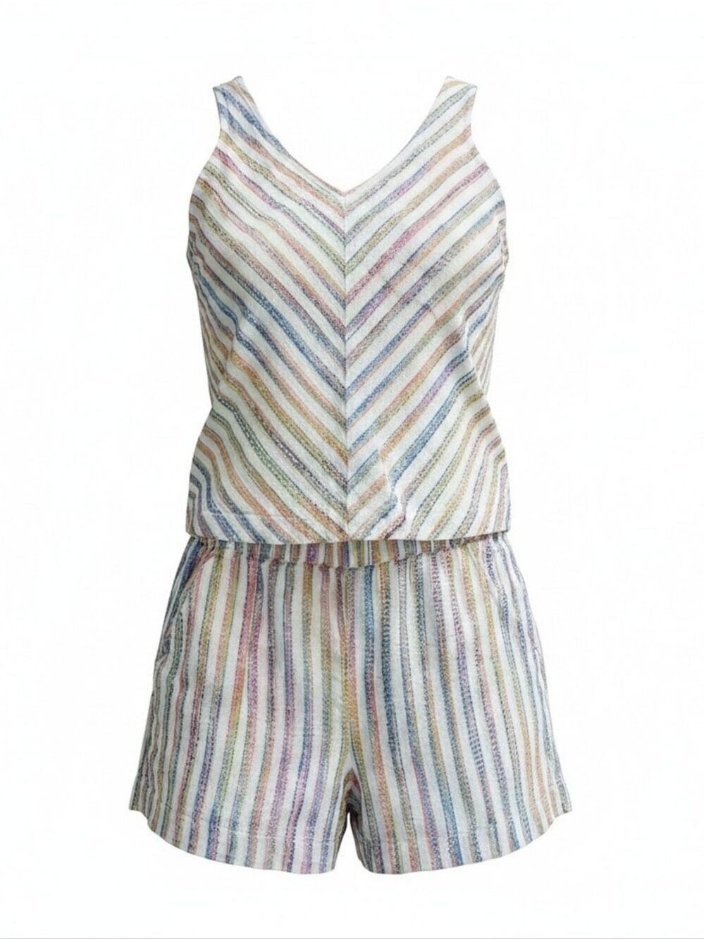 Lou & Grey Rainbow Striped Multicolor V-Neck Tank and Shorts Set Pastel Size M